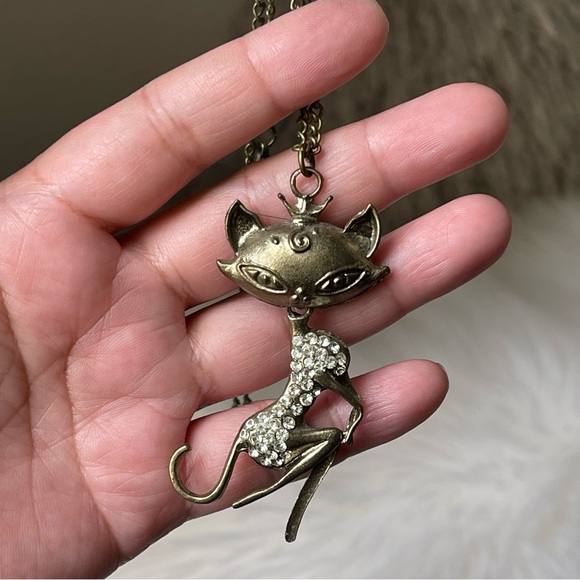 Pendant Only | Vintage | Brass Crowned Cat Lady In Rhinestone Dress 2.5" Tall - Picture 9 of 9